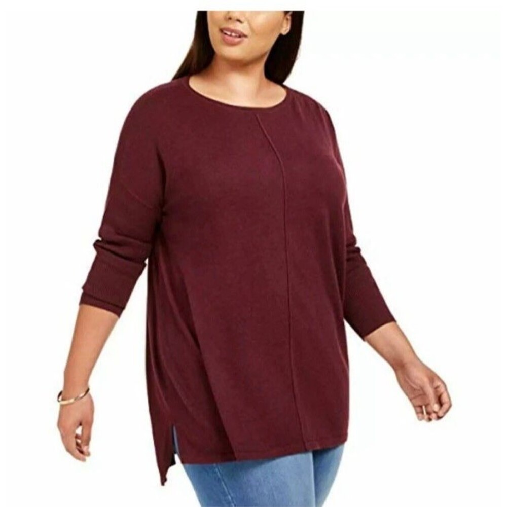 Style & Co Tunic Sweater Plus Size 3X Front-Seam Cherry Burgundy Sleeves 3/4